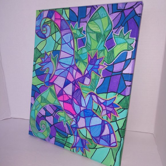 Abstract Style Painting Of Two Purple & Green Geckos Hand Painted 14x11 Canvas - Picture 5 of 16